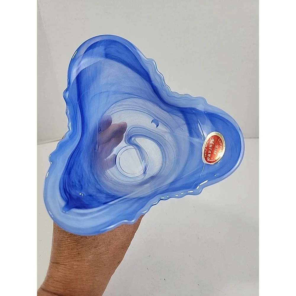 Vintage Lavorazione Murano Style Art Glass Blue Clear Swirl Ruffled Edge Vase